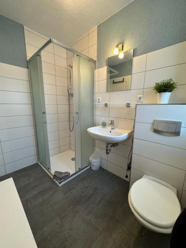 a bathroom with a shower and a toilet and a sink at Wohlfuehl-Orte24 am Hafen in Schaprode, Rügen in Schaprode