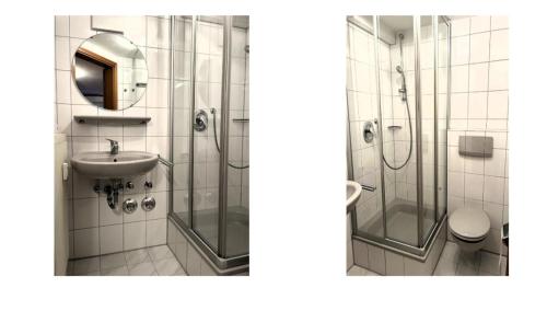 een badkamer met een douche en een wastafel bij Kleines Appartement Gut und Preiswert in Stuttgart