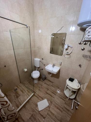 a bathroom with a shower and a toilet and a sink at Apartmani Villa Grande in Bugojno