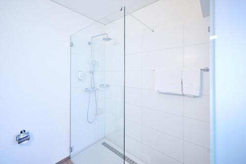 a shower with a glass door in a bathroom at Smart Hotel Kreisel --Self check-In in Lachen
