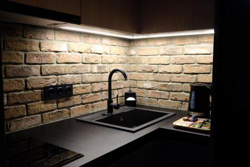 una cucina con un lavello e un muro di mattoni di Rose Valley Apartment a Chişinău