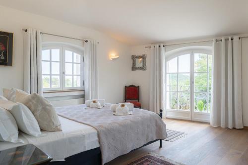 ein Schlafzimmer mit einem Bett mit zwei Handtüchern darauf in der Unterkunft Bastide du Citronnier in Valbonne