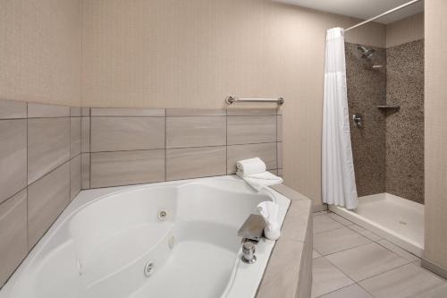 La salle de bains est pourvue d'une baignoire blanche et d'une douche. dans l'établissement Holiday Inn Express Hotel & Suites Cherry Hills, an IHG Hotel, à Omaha