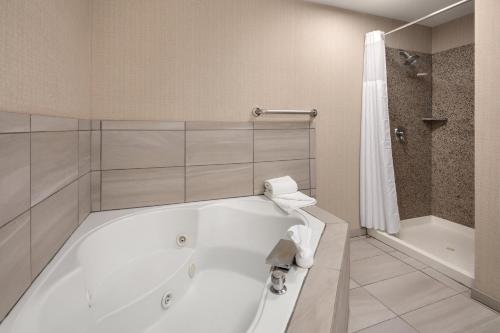 a bathroom with a white tub and a shower at Holiday Inn Express Hotel & Suites Cherry Hills by IHG in Omaha