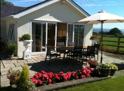 eine Terrasse mit einem Tisch, einem Sonnenschirm und Blumen in der Unterkunft Brooklands in Tavistock