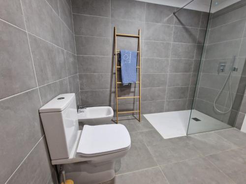 a bathroom with a toilet and a shower at Hoy Caleta Apartments in Caleta De Fuste