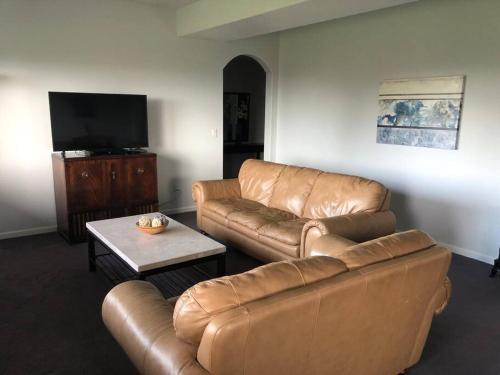 sala de estar con 2 sofás de cuero y TV en 2 Bedroom Suite: Views, Private Entrance, EVchgr, en Amity