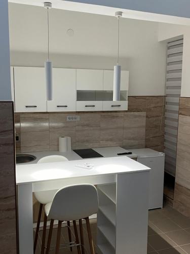 a kitchen with a white counter and white cabinets at Central Apartments 3 in Zaječar