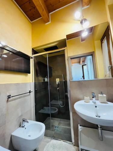 a bathroom with a toilet and a sink and a shower at Le Colombe in Beccacivetta