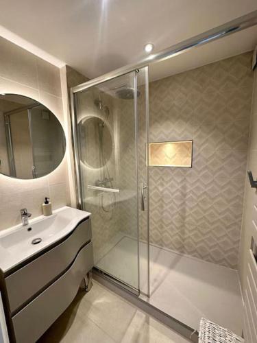 une salle de bain avec douche et lavabo dans l'établissement Appartement vue sur Seine et parc, à Villeneuve-la-Garenne