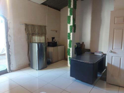 una cucina con frigorifero e una scrivania in una camera di Hostal Brisas del Ometepe a Rivas
