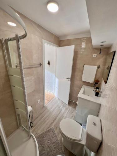 a bathroom with a toilet and a shower and a sink at Casa do Castro in Bragança