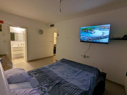 a bedroom with a bed and a flat screen tv on the wall at Private room in shared Apartment in Jerusalem