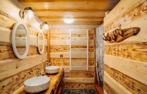uma casa de banho com um lavatório e uma parede de madeira em DREVENÁ CHALÚPKA em Šumiac