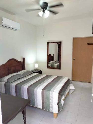 a bedroom with a bed and a ceiling fan at Hotel Bellota in Parras de la Fuente