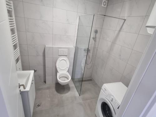 a bathroom with a shower and a toilet and a sink at Apartman Panorama Doboj in Doboj
