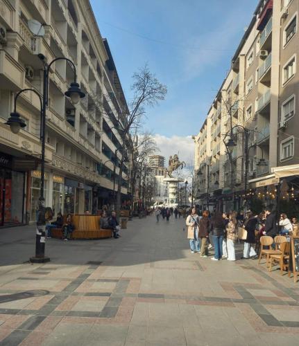 a group of people walking down a city street at Lovely square apartment Purple Velvet 43 Macedonia Stree in Skopje
