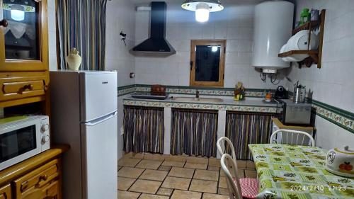 a kitchen with a refrigerator and a table in it at CASA CUEVA EL OLIVO in Pegalajar