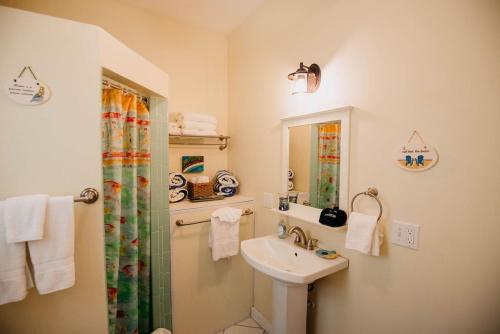 een badkamer met een wastafel en een douche bij Fiesta in Enighed