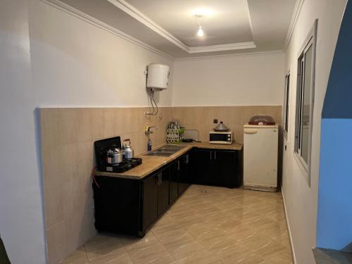 una pequeña cocina con fregadero y nevera. en Apparentement 3 meublée 1er étage en Oujda