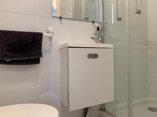 a white bathroom with a toilet and a shower at Appartement moderne metro 9 in Boulogne-Billancourt