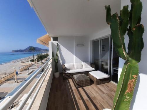 un cactus sur un balcon avec vue sur la plage dans l'établissement Apartamento con acceso directo al mar en Altea y parking, à Altea