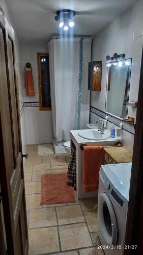 CASA CUEVA EL OLIVO في Pegalajar: حمام مع مغسلة وغسالة ملابس