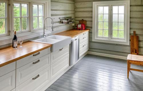 a kitchen with white cabinets and a sink and windows at Stunning Home In Svatsum With House A Panoramic View in Svingvoll