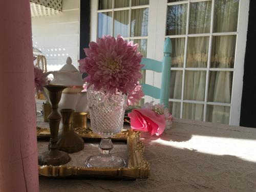 a vase filled with pink flowers sitting on a table at Its Day One I Do Bridal Dressing Suite in Nassau