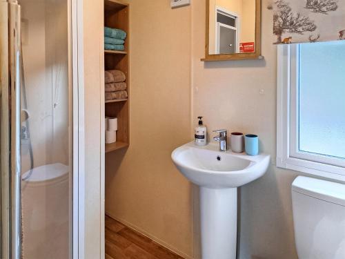 a bathroom with a white sink and a toilet at Glen Y Nant in Llanfihangel-nant-Melan