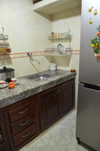 a kitchen with a sink and a refrigerator at riad kamal in Rabat