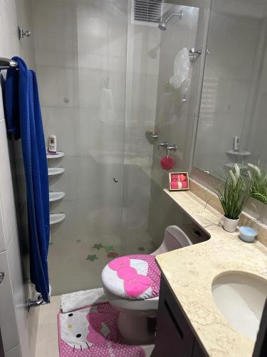 a bathroom with a shower with a toilet and a sink at Aparta estudió independiente cerca a la concha acústica (central) in Ibagué