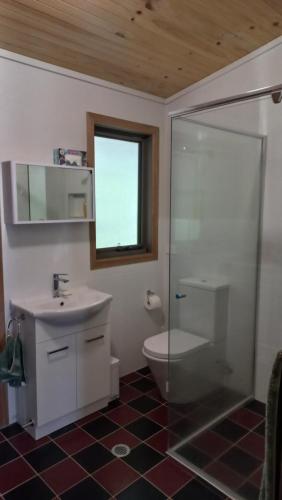 ein Bad mit einem WC, einem Waschbecken und einer Dusche in der Unterkunft Mountain Tranquility in Mount Tomah