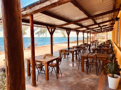 a row of tables and chairs on the beach at Bon Vivant Front de Mer - Ile Rodrigues in Rodrigues Island