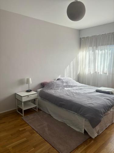 - une chambre avec un lit, une table de chevet et une fenêtre dans l'établissement Bright and spacious apartment, à Fontenay-le-Fleury