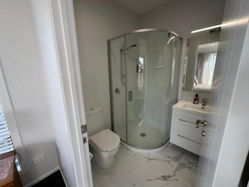 a bathroom with a shower and a toilet and a sink at Studio on Patete in Taupo