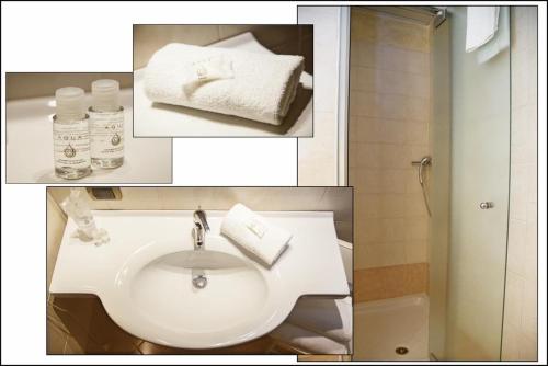2 fotos de un baño con lavabo y toallas en Hotel Motel Est en Peschiera Borromeo