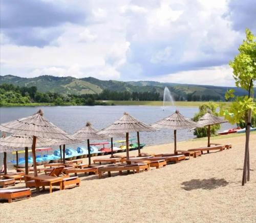 a beach with tables and umbrellas and a body of water at Apartman Anna Srebrno jezero in Veliko Gradište