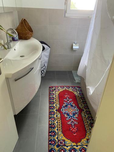 a bathroom with a sink and a red rug on the floor at Sempachersee Luzern in Neuenkirch