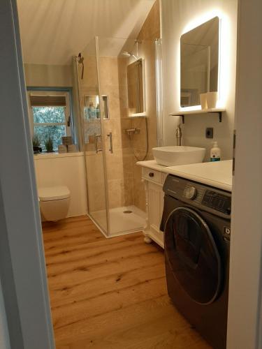 a bathroom with a sink and a washing machine at nord-ostseeglück in Ladelund