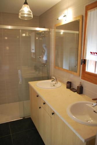 a bathroom with a sink and a shower at Chalet le Réconfort, accès skis aux pieds in Saint-François-Longchamp