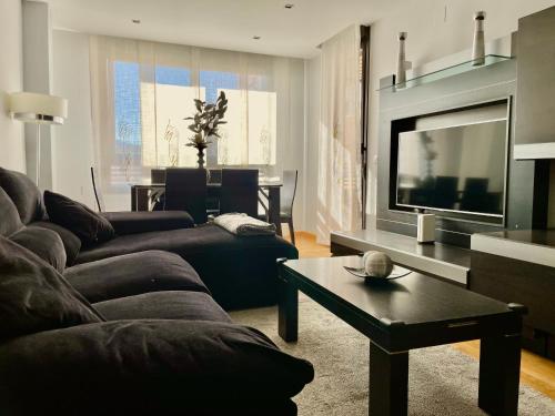 a living room with a couch and a tv at Apartamentos Ciudad del Calzado in Arnedo