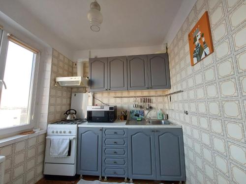 una pequeña cocina con armarios azules y fregadero en Велика 1к квартира біля метро Лівобережна вулиця Флоренції 1, en Kiev