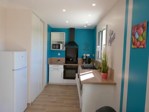 Il comprend une cuisine dotée de murs bleus et d'un réfrigérateur blanc. dans l'établissement Superbe Maison individuelle 3ch, 6 pers, jardin, au calme, proche du Lac, 2 Parking, spatieuse et Confortable !, à Saint-Pardoux