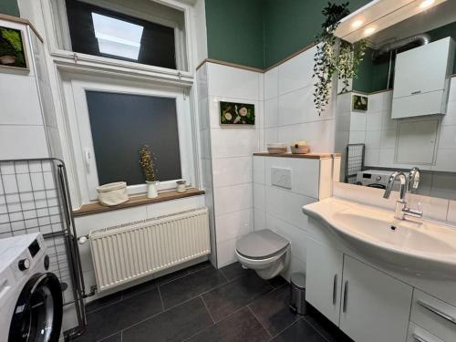 ein Bad mit einem Waschbecken, einem WC und einem Fenster in der Unterkunft LendLoft: Altbaumodern & Lendviertel Chic in Klagenfurt am Wörthersee