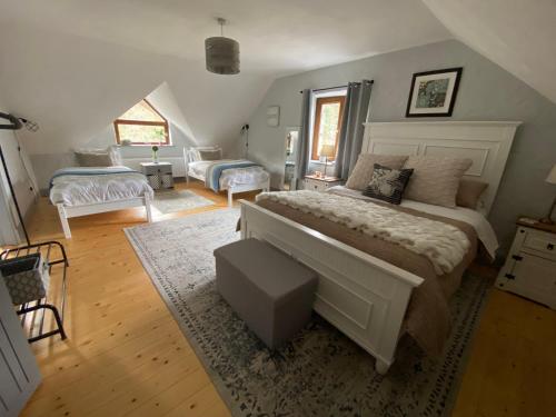 1 dormitorio con 1 cama y sala de estar en Salmon Weir Lodge, en Cong