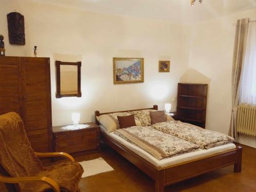 a bedroom with a bed and a chair at Apartmán Dolina in Banská Belá