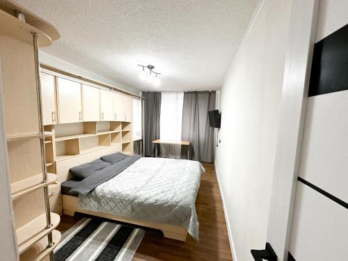 a bedroom with a bed and a book shelf at Center Location 2 bedrooms in Chişinău