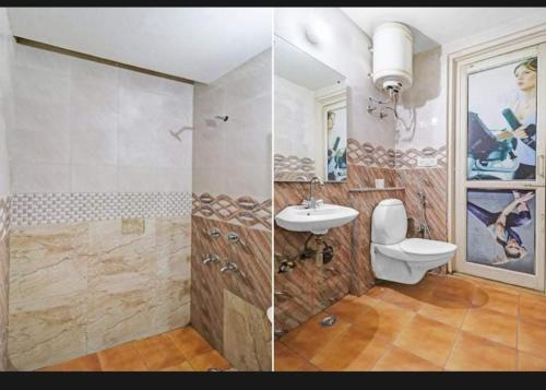 新德里的住宿－Hotel lodge kalkaji，浴室的两张照片,配有卫生间和水槽