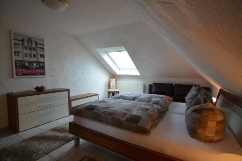 a bedroom with a bed and a skylight at Ferienwohnung Späth in Ludwigswinkel